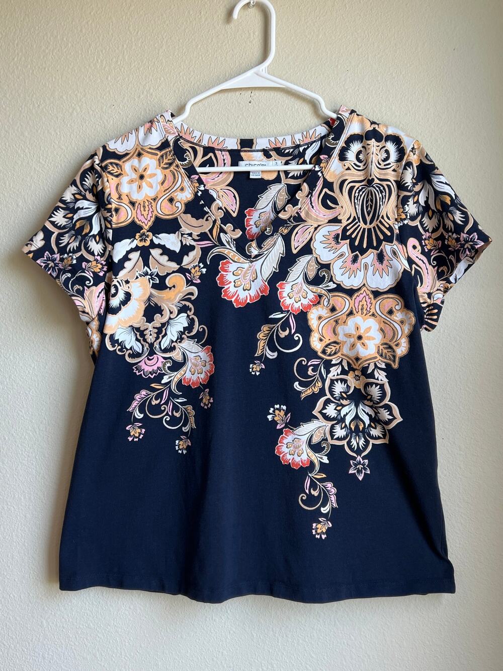 Chico's Floral Paisley V-Neck Cotton Spandex Knit Top Navy Size 3 / XL